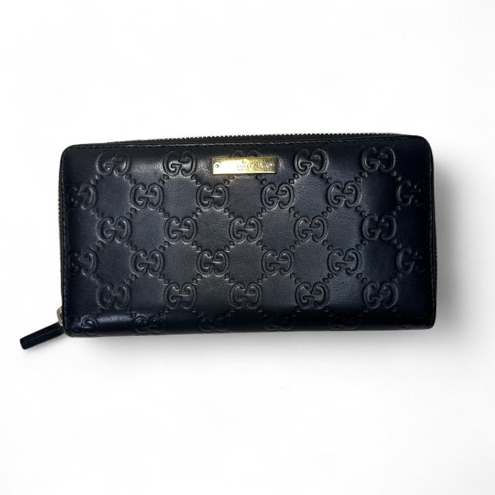 GUCCI Guccissima Leather Zip Around Long Wallet, Black GG Embossed